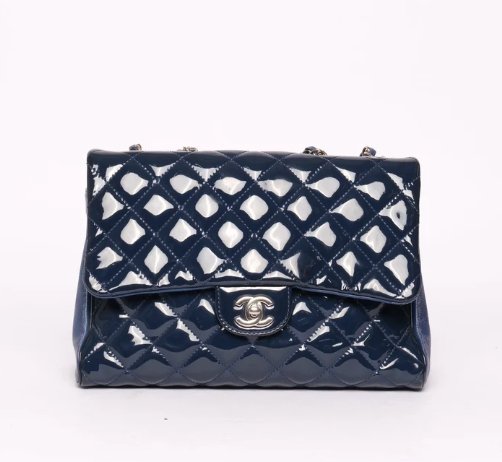 Chanel Navy Blue Patent Leather Quilted Classic Jumbo Double Flap Bag Silver Hardware