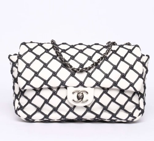 Chanel Canebiers Jumbo Flap Bag White Lambskin Net Knots Silver Hardware 2010s