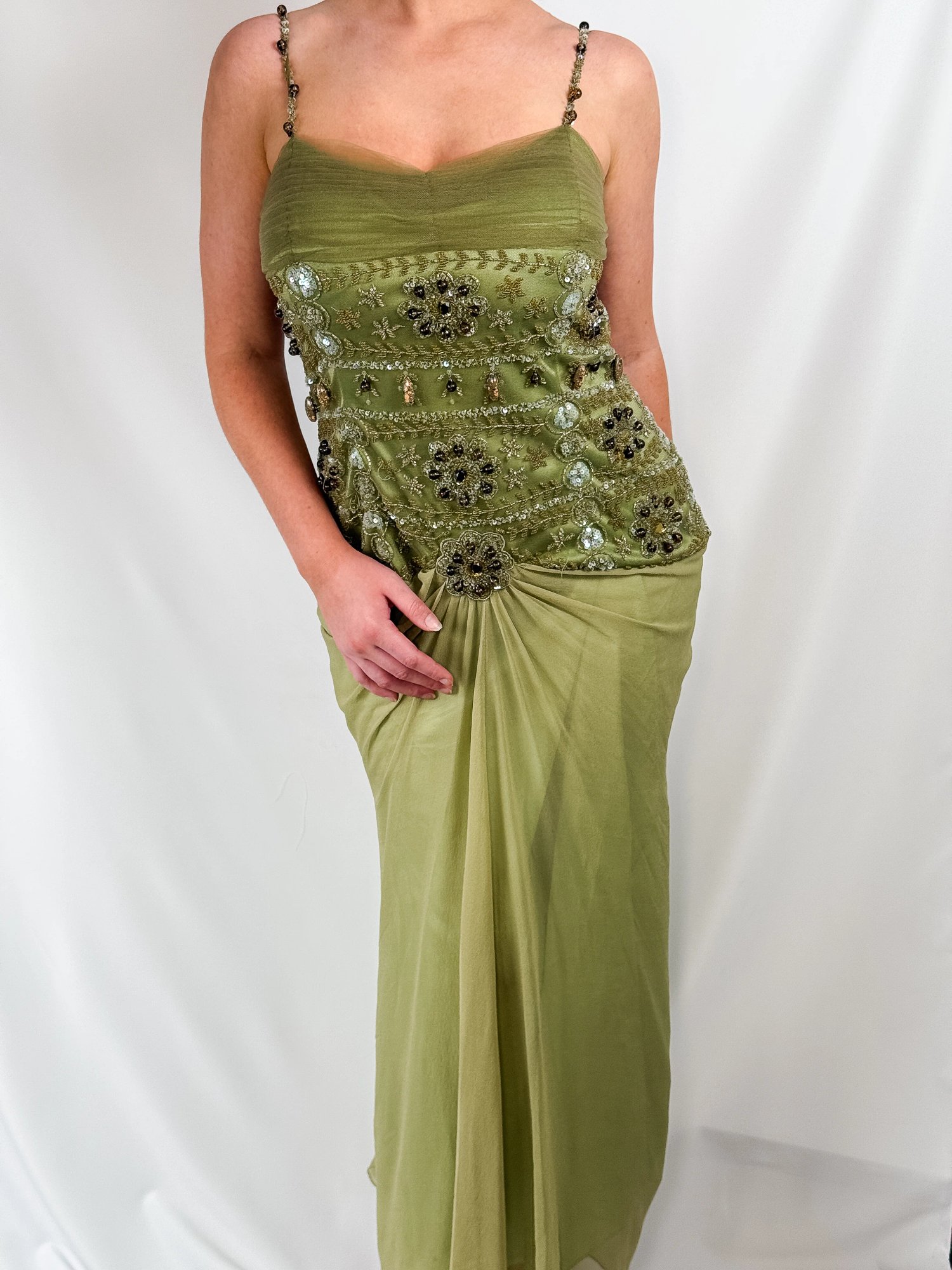 Y2K Sage Green Beaded Embellished Maxi Gown Evening Dress